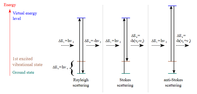  Représentation schématique de la diffusion Raman et Rayleigh – Source : Wikimedia Commons (domaine public)